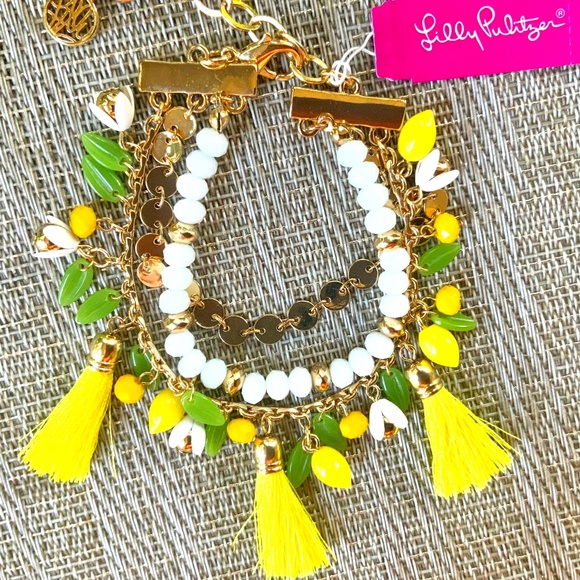 LILLY PULITZER YELLOW LEMMON TASSEL BRACELET ⭐️ Fun 3 Strand Beaded Chain - Picture 1 of 7